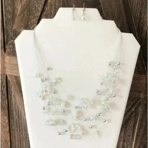 Opalite & Clear Crystal Floating Beads Handmade Necklace & Earrings Set NWT